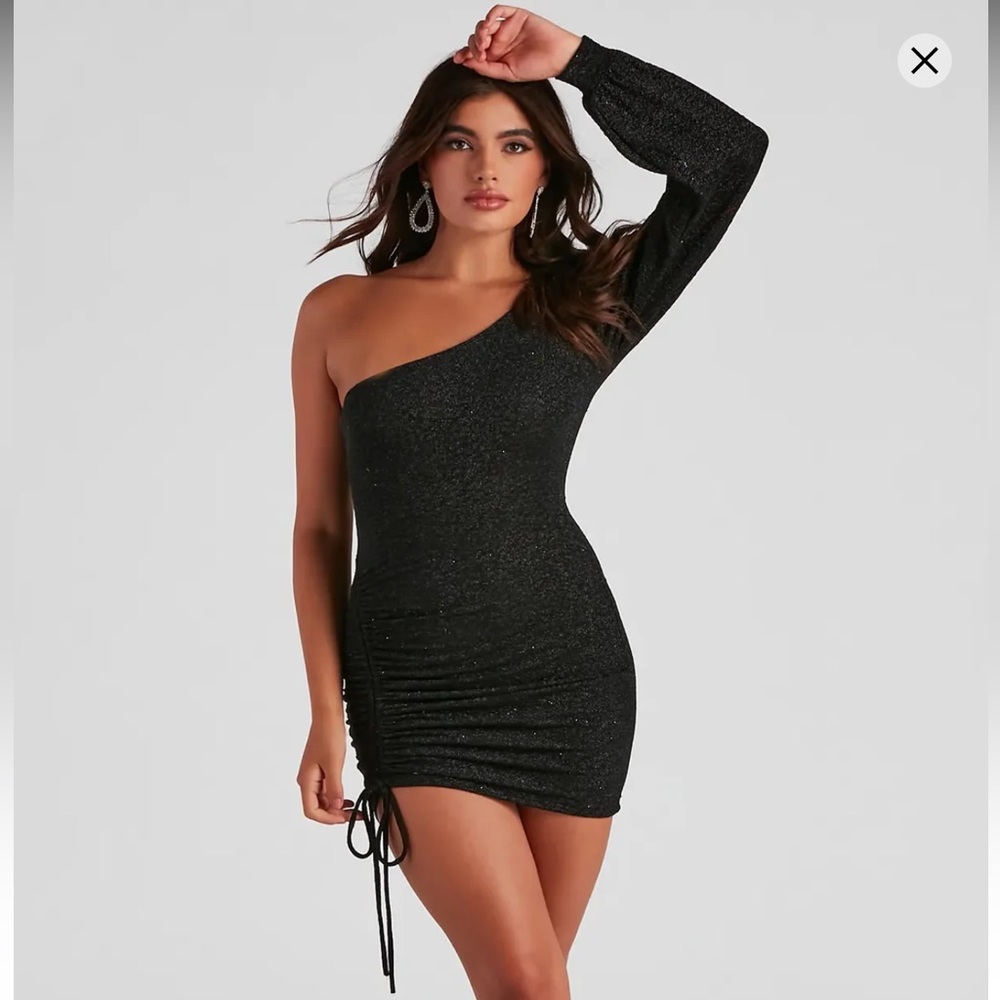 Black Ruched Mini Sparkle Dress